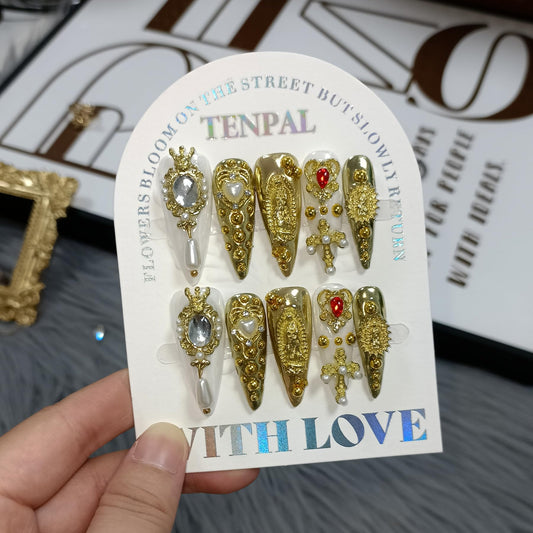 TENPAL 10Pcs Handmade Royal Press On Nails With Tools,Metallic Gold Long Stiletto Fake Nails with Pearl & Celestial Charms Designs,Sculpted 3D Baroque Acrylic Glue on Nails for Wedding Gothic Ball(L)