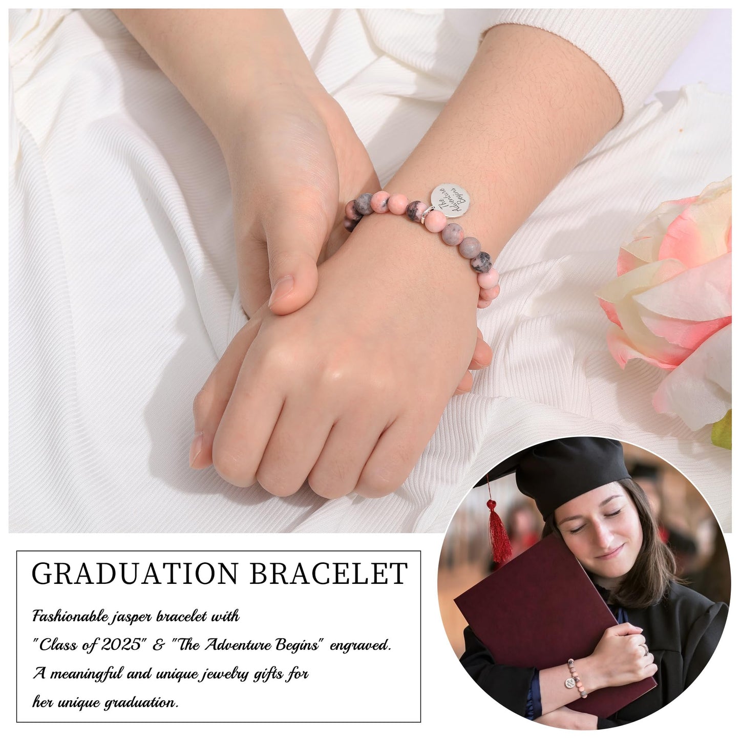 Sistble 8th Grade Graduation Gifts Class of 2026 Graduation Bracelet Inspirational Gifts for Daughter Sister Jasper Bead Bracelet The Adventure Begins Nature Stone Jewelry for Her