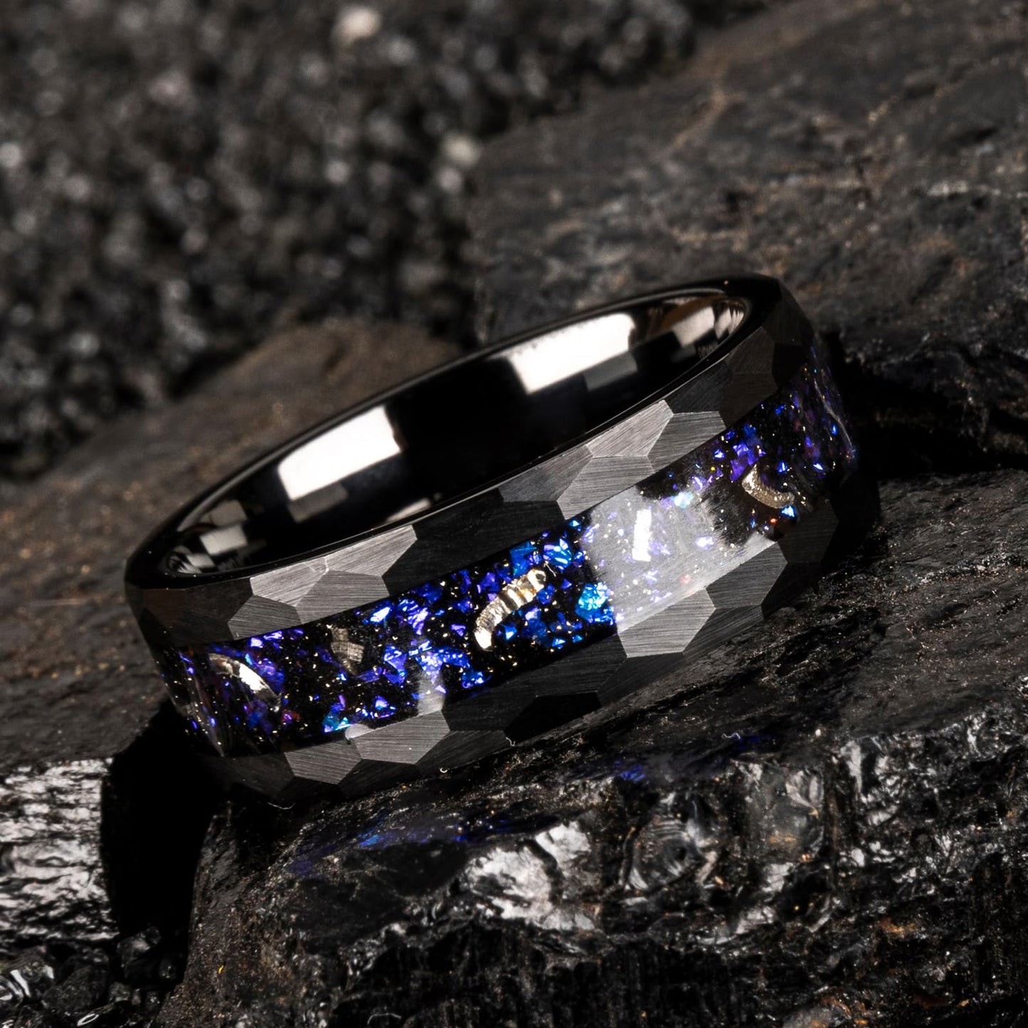 JEWPER 8mm Men Womens Wedding Band Tungsten Rings Black Blue Hammer pattern Fashion Promise Carbide Inlaid Milky Way Foil Iron Filings Matte Finish Edge Comfort Fit Size(7)
