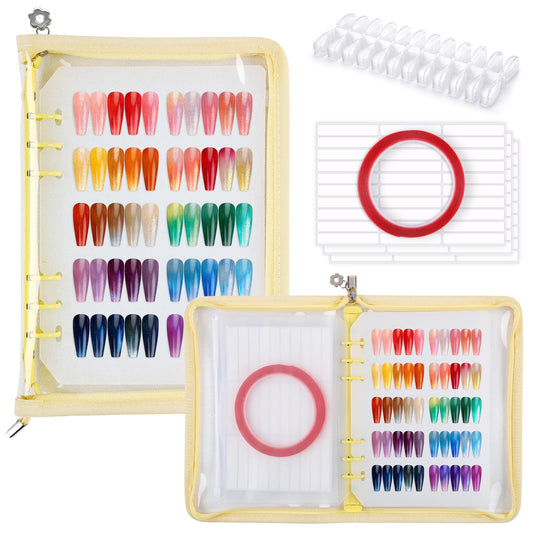 Segbeauty Nail Polish Display Storage with A5 Zipper Binder, Press on Nails Sample Swatches with 240 Fake Nail Tips, Nails Color Sample Book with Adhesive Tape, Manicure Salon Art Accessories, Yellow