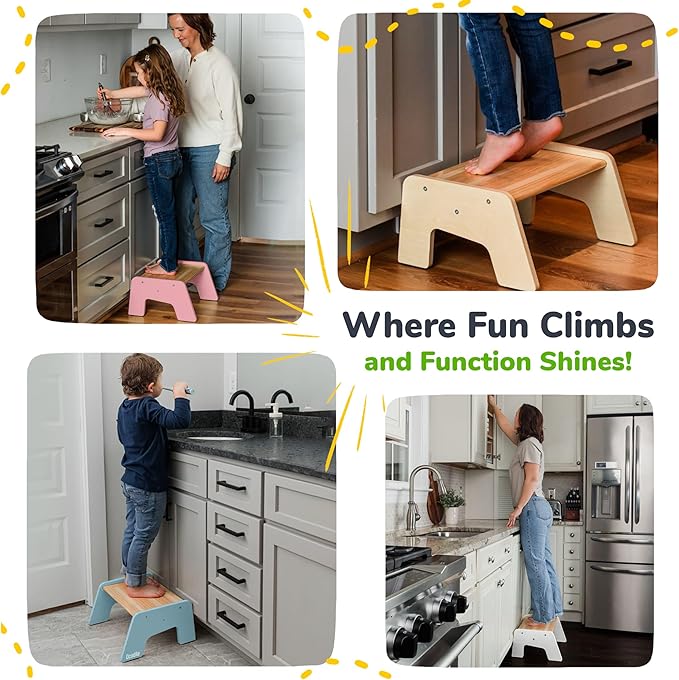 OCODILE 1-Step Wooden Step Stool for Toddlers | Kids Step Stool for Bathroom Sink, Kitchen, and Potty Training | Non-Slip Stool for Toilet Independence | Wooden Step for Children Ages 2+ Varnished