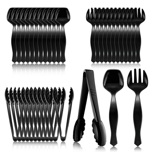 Mwellewm 36Pcs Plastic Serving Utensils Set Large Disposable Serving Spoons Forks Tongs for Serving Food 8.5'' Heavy Duty Black Large Party Utensils Supplies for Buffet Restaurant Dinner Salad Soup