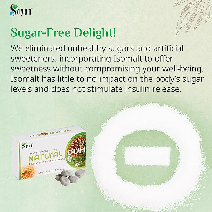Sayan Sugar Free All Natural Gum, Siberian Pine Tree Resin and Beeswax Chewing Gum for Fresh Breath, Vegetarian, Non-GMO, No Sugar, Gluten Free, Aspartame Free, No Preservatives - 2 Packs (32 Pieces)