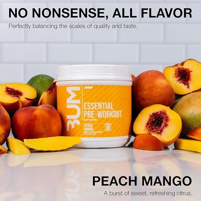 RAW Nutrition - Essential Pre - Chris Bumstead Pre Workout Formula, Sports Nutrition Pre-Workout Powders | Men & Womens Drink, Energy Powder for Working Out (Peach Mango)