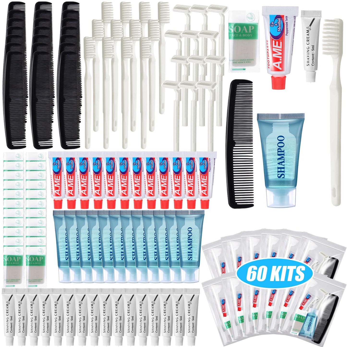 Ziliny 60 Set Travel Convenience Toiletry Kit Bulk Basic Toiletry Kits Travel Size Homeless Personal Hygiene Kit Homeless Care Package Supplies with Reusable Toiletry Bag for Men Charity