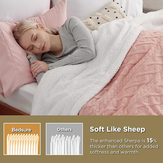 Bedsure Sherpa Fleece Throw Blanket for Couch - GentleSoft Fluffy & Cozy Cable Jacquard Tufted Throw for Women Gift, Thick and Warm Blankets for Winter, Pink, 50x60 Inches