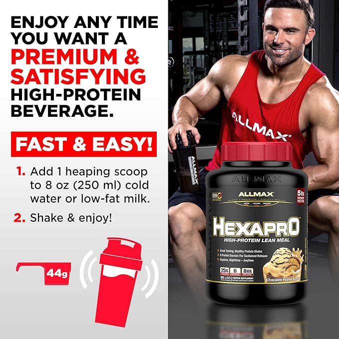 ALLMAX HEXAPRO, Chocolate Peanut Butter - 2 lb - 25 Grams of Protein Per Serving - 8-Hour Sustained Release - Zero Sugar - 21 Servings