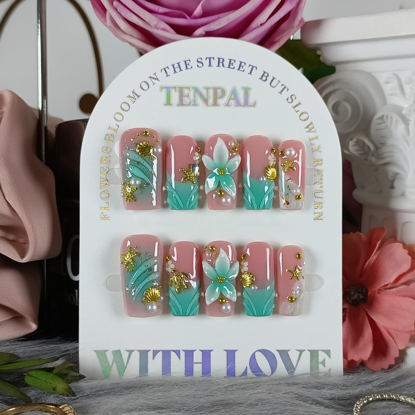 TENPAL Handmade Coffin Press on Nails Medium- Emerald Green Blushing Ombre Fake Nails with 3D Starfish & Shell Design, Coastal Elegance Style Glossy Acrylic Flowers False Nails with Tools(L)
