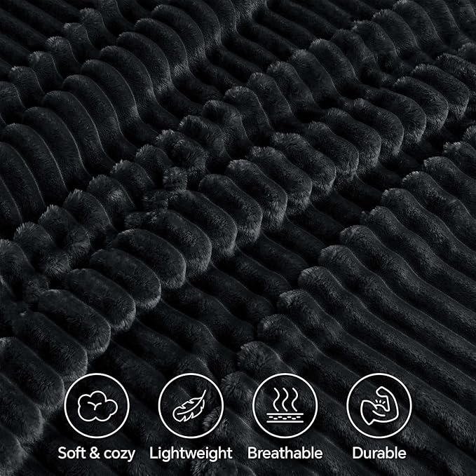 INFIIXSO Sherpa Fleece King Size Blanket - Super Soft & Warm Striped Fleece Blanket, Cozy Plush Fluffy Large Bed Blanket All Season Use (Black, 104x90 Inches)