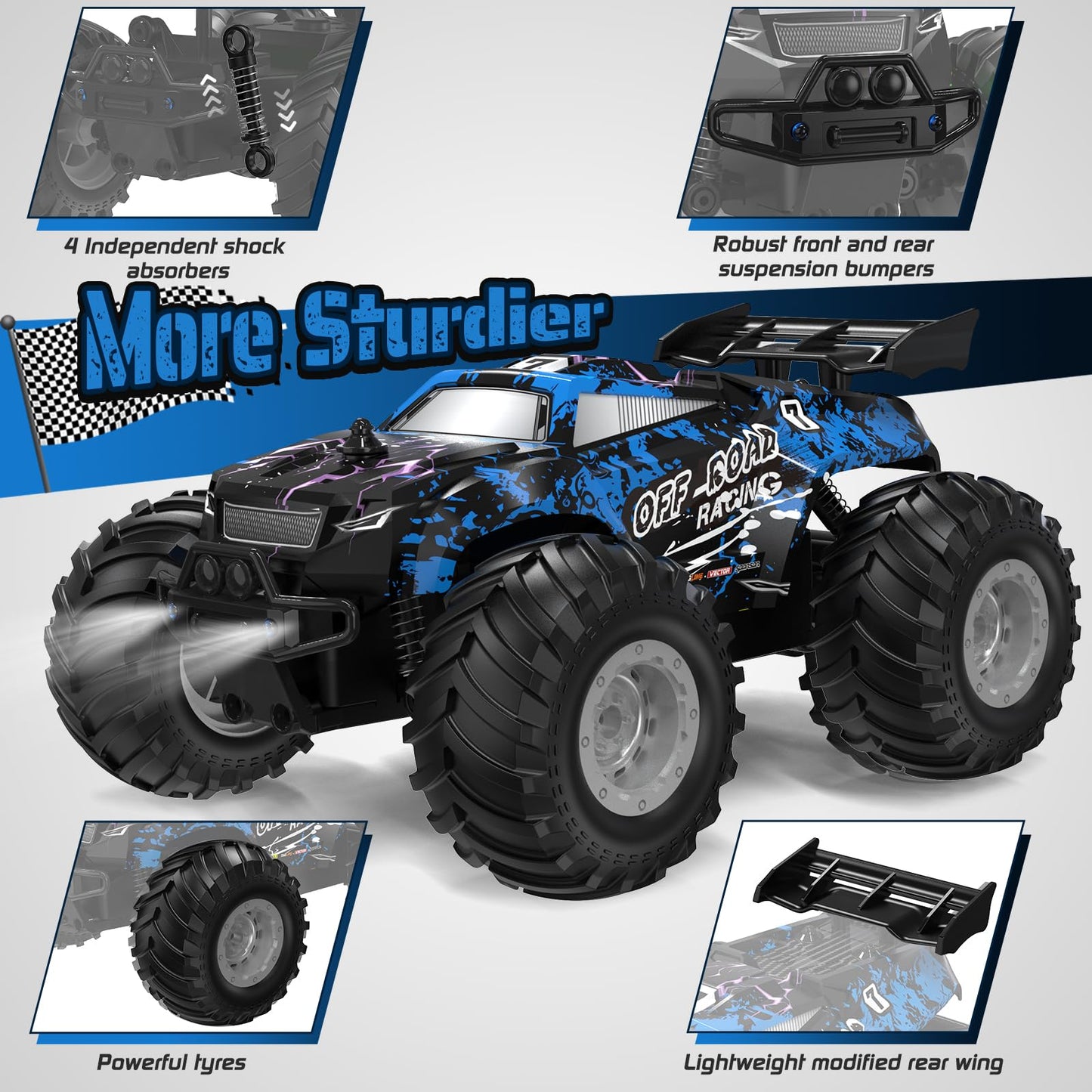Hielse Remote Control Car, All-Terrain Remote Control Truck for Boys, Rechargeable Rc Truck with LED, 1:20, 10KM/H, 2 Motors, 2.4GHZ, Speed Friendly, Sturdy, Rc Cars for Christmas, Kids, Beginner