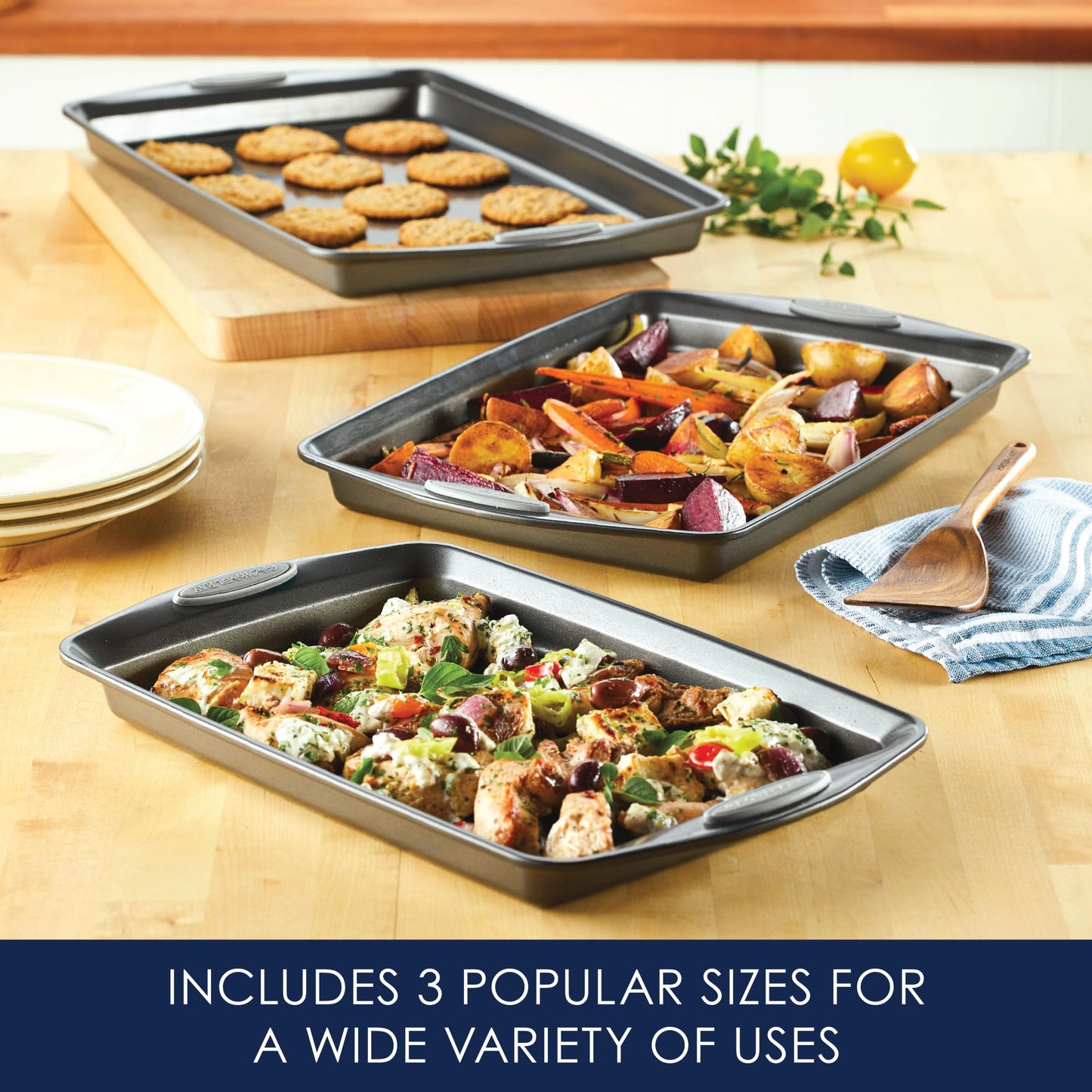 Rachael Ray Nonstick Bakeware Set with Grips, Nonstick Cookie Sheets / Baking Sheets - 3 Piece, Gray with Sea Salt Gray Grips
