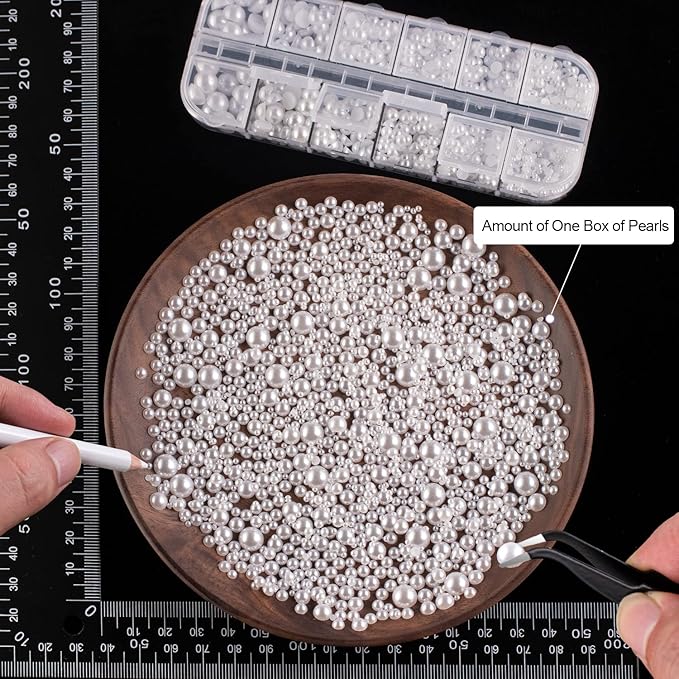 4000PCS Flatback Rhinestones and Half Round Pearls Kit #10, Multi Size Glass Clear & AB Crystals, Plastic Flat Back White Dome Bead with Pickup Pencil and Tweezer for Nail Art