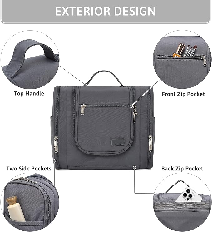 Pearl Angeli Hanging Toiletry Bag for Women, Large Makeup Cosmetic Bag, Water Resistant Toiletries Travel Essentials Organizer, Full-size Container, Grey