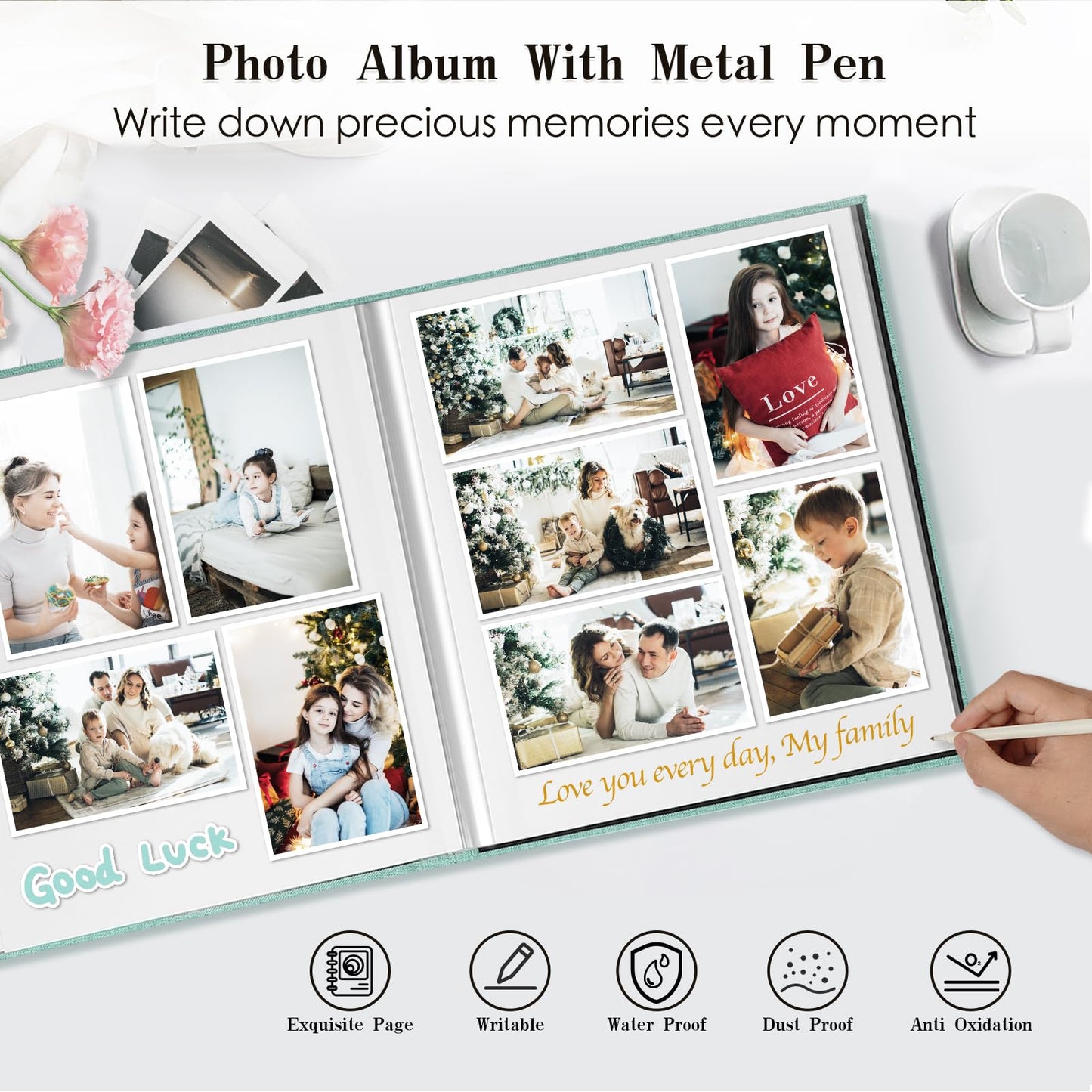 Spbapr Large Photo Album Self Adhesive 3x5 4x6 5x7 8x10 Pictures Magnetic Scrapbook 40 Blank Pages Linen Cover DIY Album with A Metal Pen Turquoise