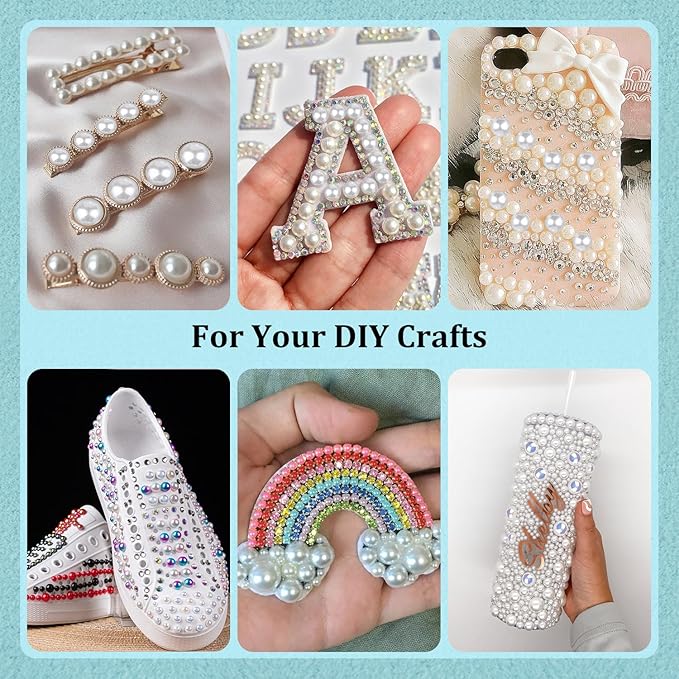 4 Boxes Flat Back Pearls Kit 7 Flatback Light Blue Half Round Pearls 3-10mm with Pickup Pencil and Tweezer for Home DIY and Professional Nail Art, Face Makeup and Craft