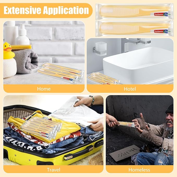 NICEMOVIC 150 Pack Disposable Toothbrushes Bulk with Toothpaste and Comb Travel Size Toothpaste Set Homeless Care Package Supplies for Bulk Individually Wrapped Disposable Travel Hotel Charity, Yellow