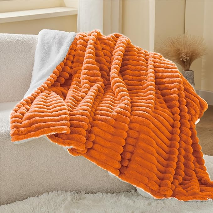 INFIIXSO Sherpa Throw Blanket for Couch - Super Soft & Warm Striped Fleece Blanket, Cozy Plush Fluffy Blanket All Season Use (Burnt Orange, 60x80 Inches)