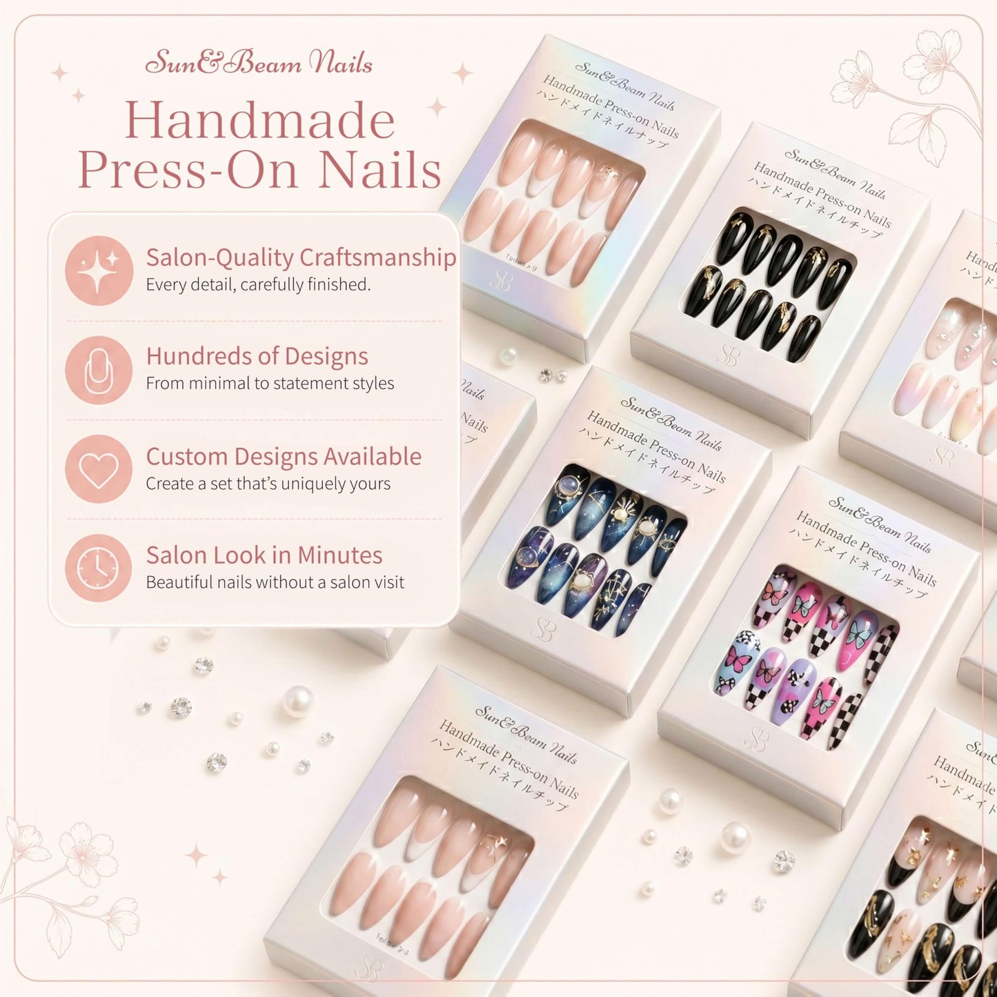 Sun&Beam Nails Handmade Press On Nail Coffin Ballerina 3D Accessories Blue Acrylic Fake Tip Design Art Charms Cute with Storage Box 10 Pcs (#008 L)