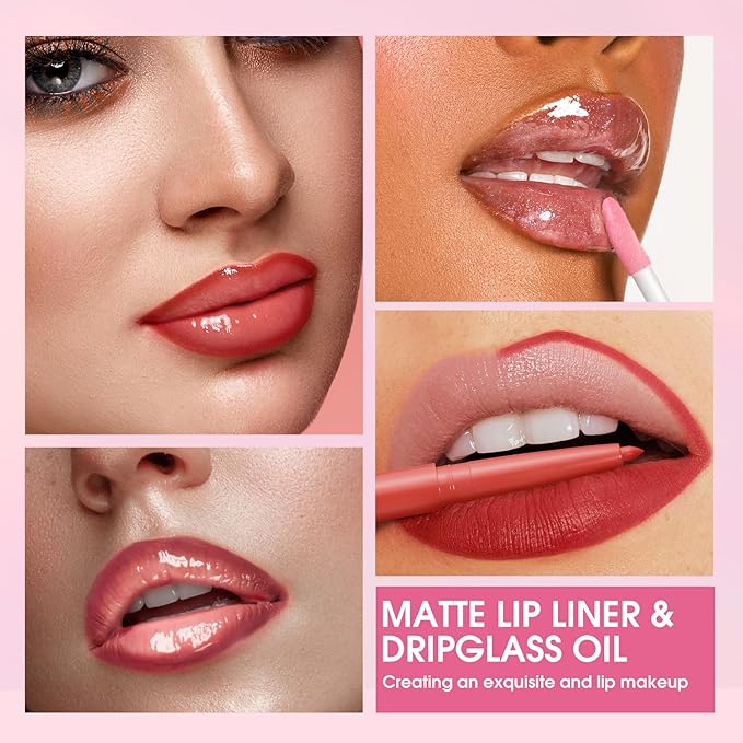 Jolilab Matte Lip Liner Lip Oil Set, Lip Makeup Set Natural Smooth Long-Lasting And Hydrating Beauty Daily Cosmetics Gift for Girls Easy-to-Use（10pcs）