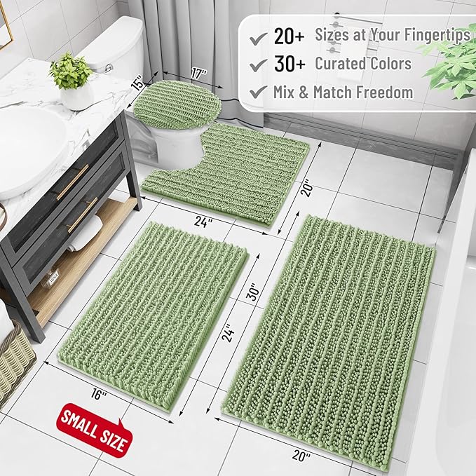 Arotive Luxury Chenille Bathroom Rug Mat, Extra Soft Thick Absorbent Shaggy Bath Rugs, Non-Slip Machine Wash Dry, Plush Bath Mats for Bathroom, Shower and Tub, 34x21, Sage Green