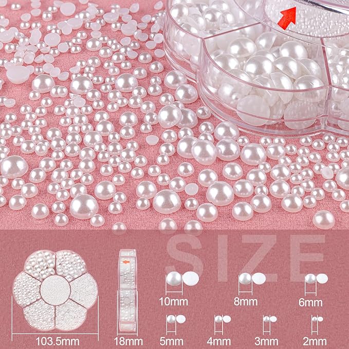 Nail Art Flat Back Half Round Pearl Kits, Mixed Sizes 6000 Pcs with B7000 Jewelry Glue White Small Pearls for Nails with Picking Tools for Graduation Cap Decorations Home DIY Body Face Craft Use