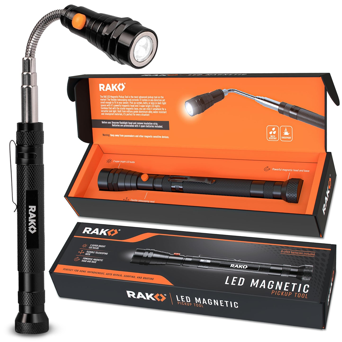 RAK Magnetic Pickup Tool Gifts for Men - Telescoping Magnet with LED Flashlight and 22 Inches Extendable Neck, Cool Magnetic Flashlight Gifts for Dad, Husband, Grandpa, Handyman