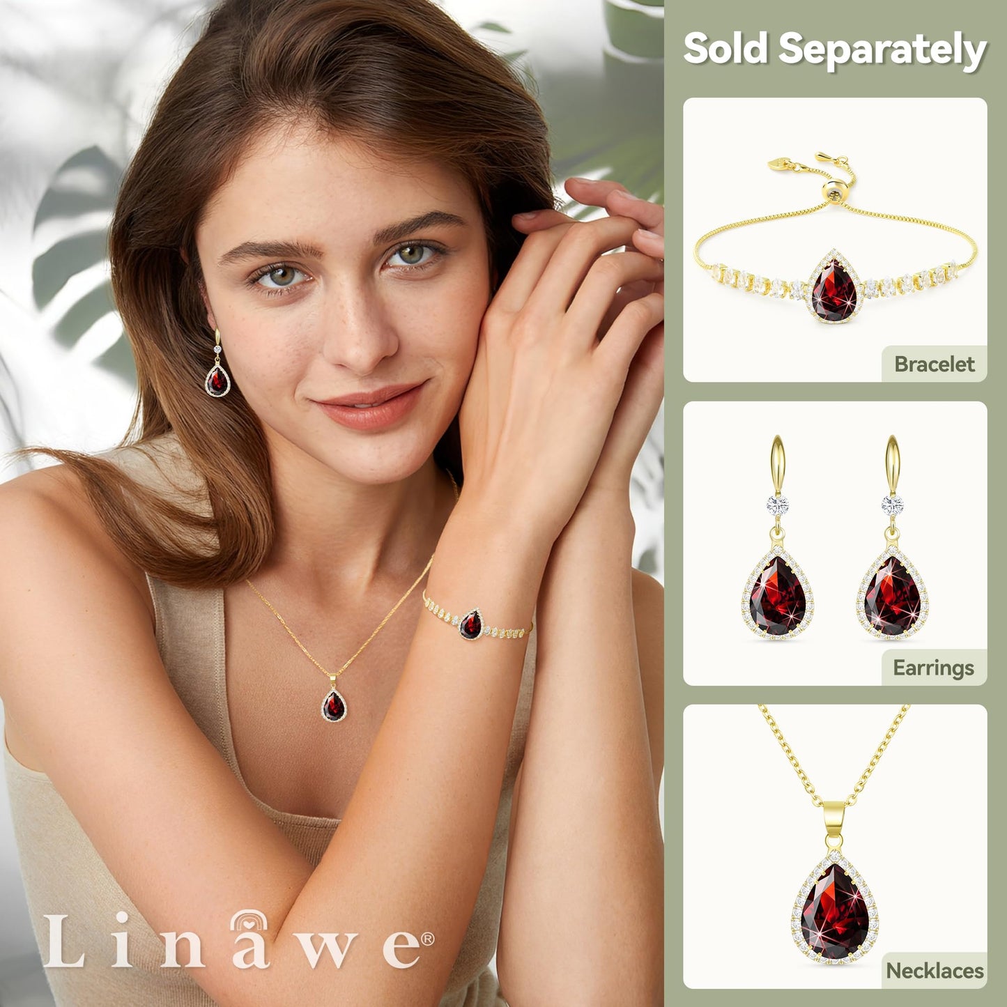 Linawe Ruby Necklace for Women Trendy, Red Crystal Pendant Gold Chain Necklace, Boho Imitation Diamond Cubic Zirconia Birthstone Rhinestone CZ Preppy Costume Jewelry Set