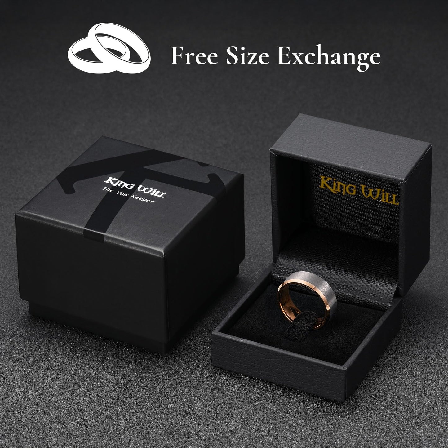 King Will 8mm Classic Tungsten Rings for Men Two-Tone Mens Wedding Bands Simple Engagement Promise Ring Matte Brushed Beveled Edges Comfit Fit Durable, Silver & Rose Gold Plated Size 7