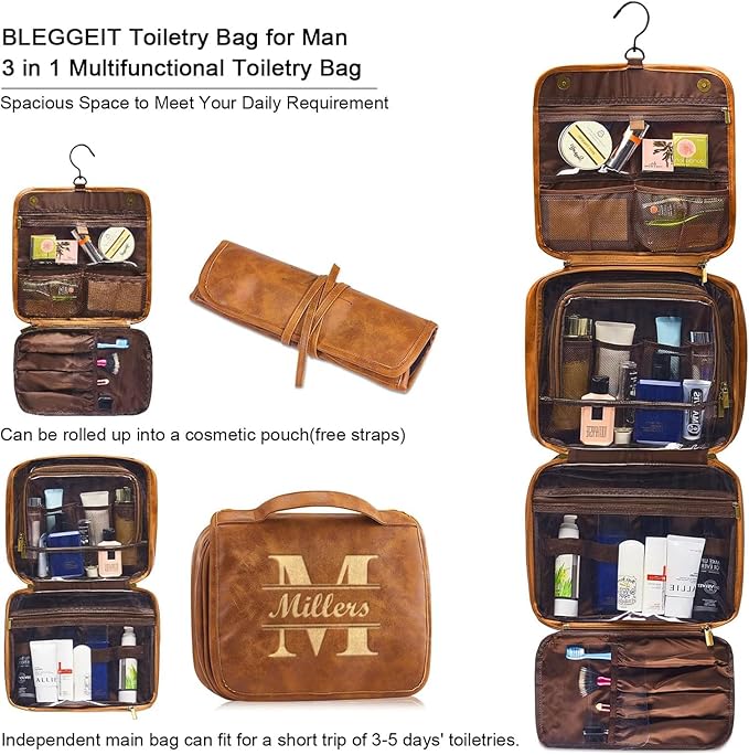 Personalized Toiletry Bag For Men, Large Capacity Travel Doop Kit, Vintage Color PU Leather, Custom Name Initials, Gifts for Dad, Husband, Boyfriend, Groomsmen, Birthday (Style 6)