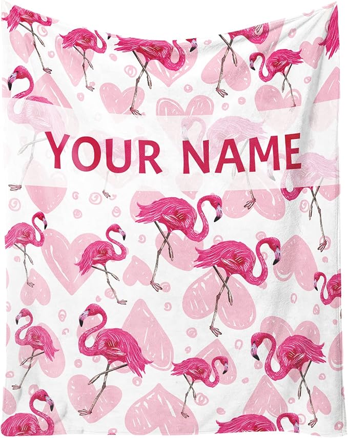 Custom Flamingo Blanket Gifts with Name - 40 x 50 Inches Cute Flamingo Throw for Girls - Light Pink Fuzzy Fluffy Plush Blankets for Sofa
