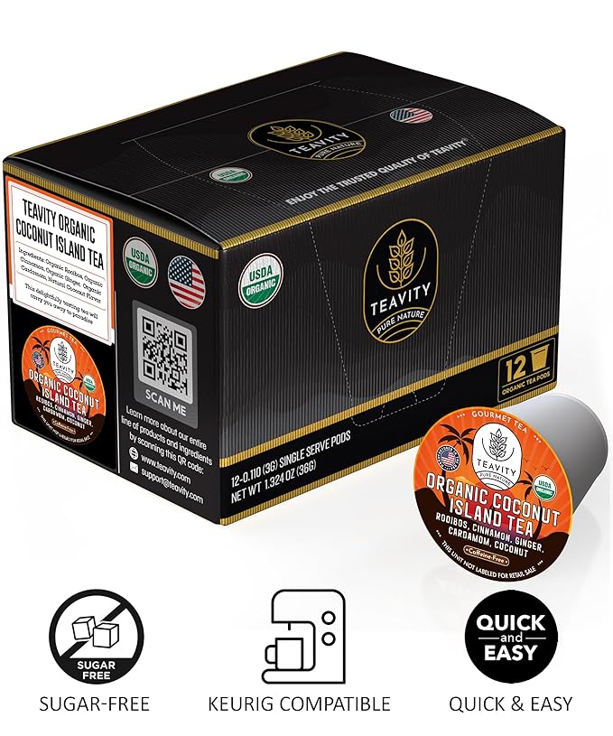 Coconut Island Teavity Organic Ginger Cinnamon Cardamom Rooibos Tea Pods for Keurig (12 Pods)