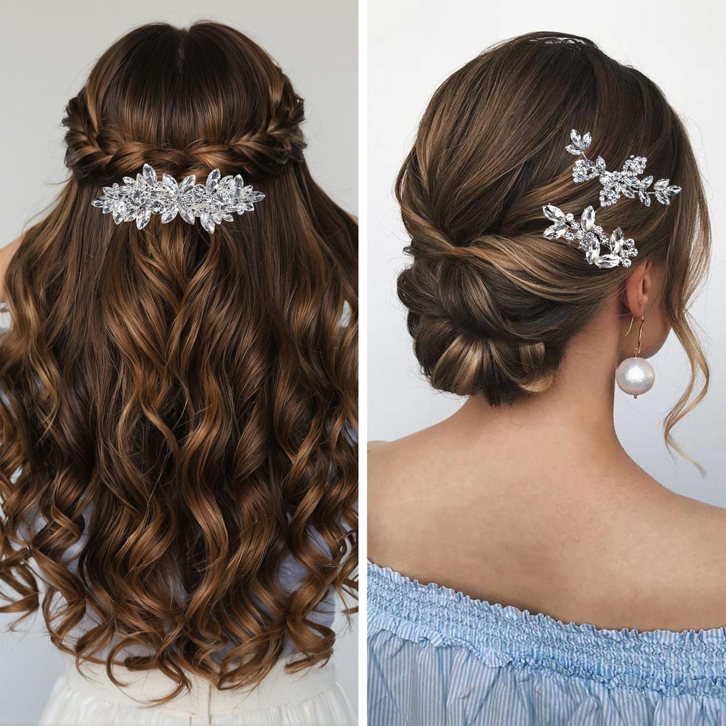 Mulzile 4 Pieces Rhinestone Hair Clips Leaf Wedding Hair Pins Crystal Bobby Pins Silver Bridal Hairpin Barrette for Brides Bridesmaids Flower Girls