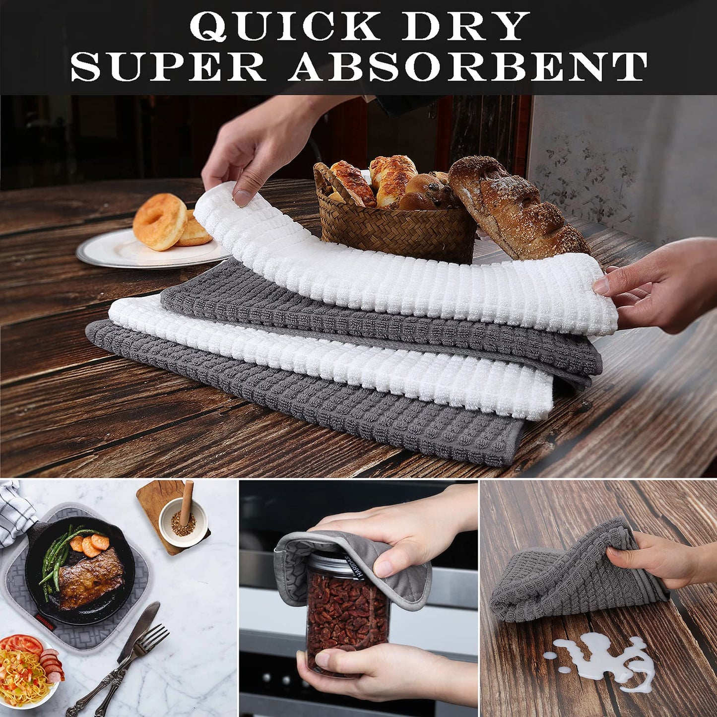 Oven Mitts and Pot Holders Sets 6pcs, Kitchen Oven Glove,High Heat Resistant 550 Degree Extra Long Oven Mitts and Potholders with Non-Slip Silicone Surface for Home Essentials (Grey) (Gray)