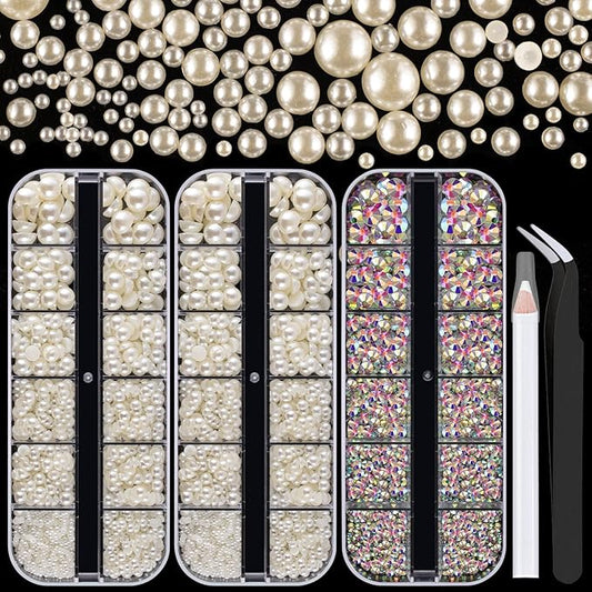 4000PCS Flatback Rhinestones and Half Round Pearls Kit #41, Multi Size Glass AB Crystals, Plastic Flat Back Beige Dome Bead with Pickup Pencil and Tweezer for Nail Art