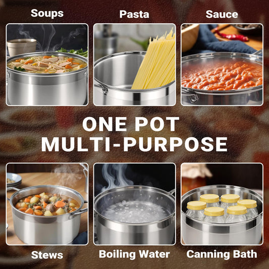 Kirecoo Stainless Steel Stock Pot - 8 Quart Heavy Duty Induction Cooking Pot with Visible Lid for Pasta, Soup, Spaghetti, Nonstick Thick Bottom Big Stockpot, Deep Cookware for Canning, Boiling, Simmer