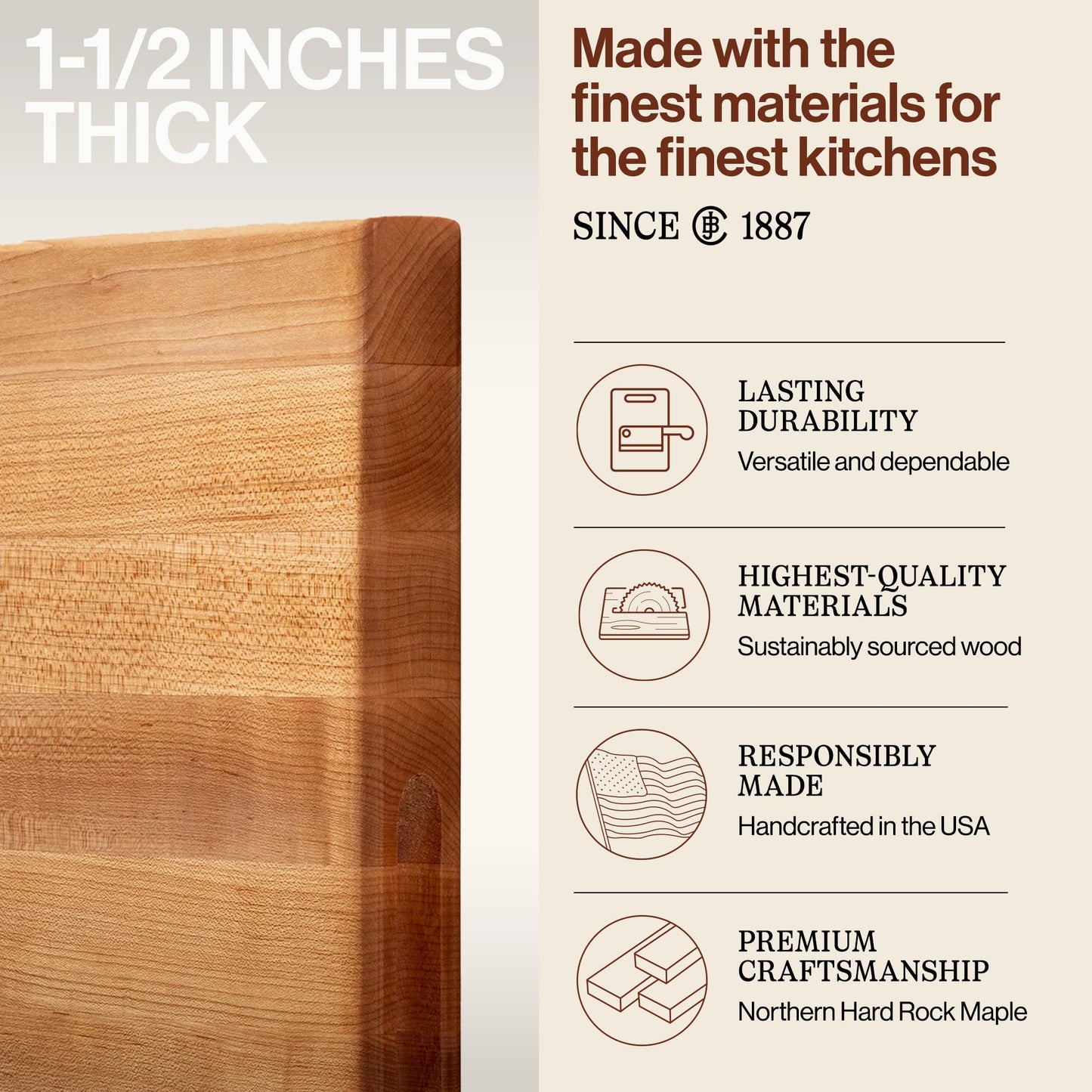 John Boos R-Board Series Rectangular Wooden Maple Cutting Board 24”x18” – 1.5” Thick, 18-lb Reversible Butcher Block with Edge-Grain & Finger Grips – Made in the USA