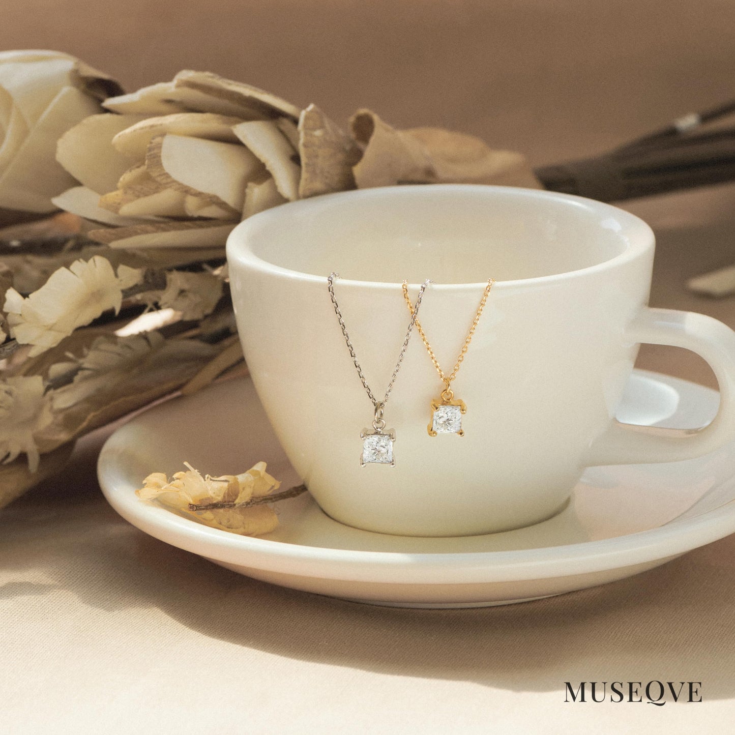 MUSEQVE 14K Gold Plated Solitaire Necklace for Women • Square CZ Diamond Princess Cut Cubic Zirconia Pendant Jewelry • Adjustable Chain Non Tarnish Bridesmaid Gifts [CZN-SQ-G]