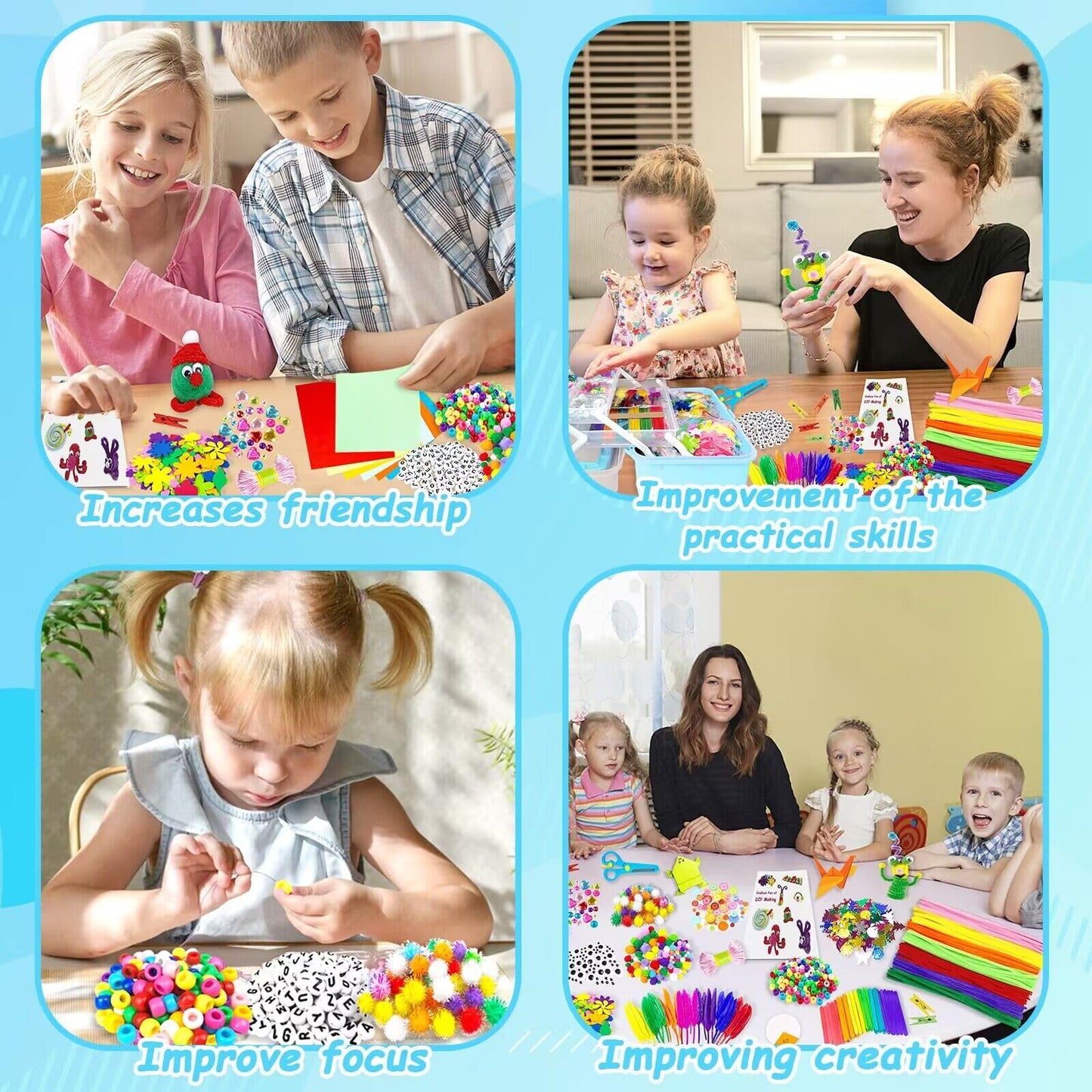 3000 Arts and Crafts Supplies for Kids Craft Kit All in 3 Layered Craft Box with Pipe Cleaners Crafts for Kids Age 4-6, 6-8, 8-12 DIY School Supplies Materials Set Toys Gifts for Girls Boys, Blue