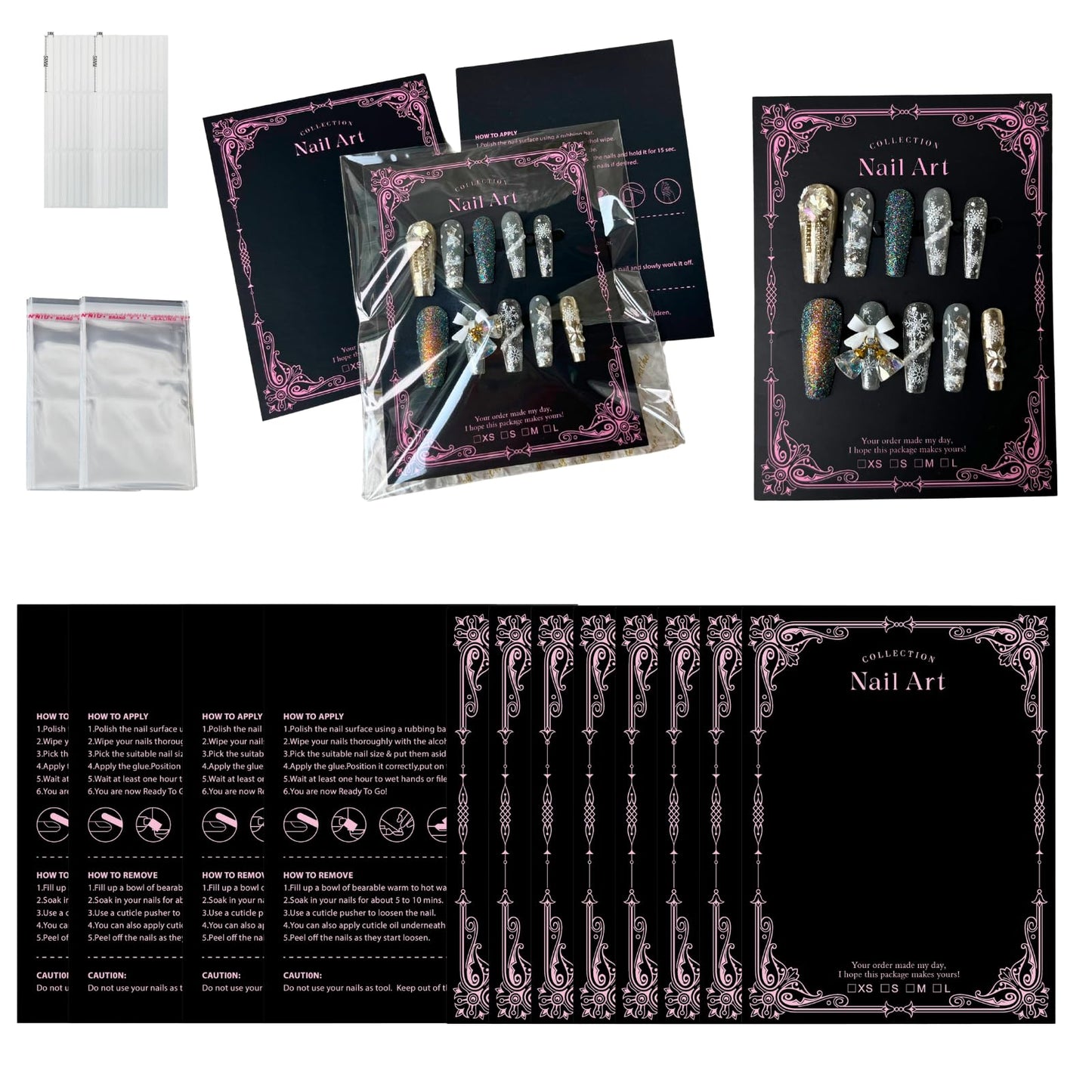 Press On Nail Packaging Kit for Long Nails – Y2K 50 Display Cards with Bags & Tape – Nail Tech Supplies for for Gothic & Baddie Nailfies Nail Salon Studio Manicure Business(Black, 3.54*4.7)
