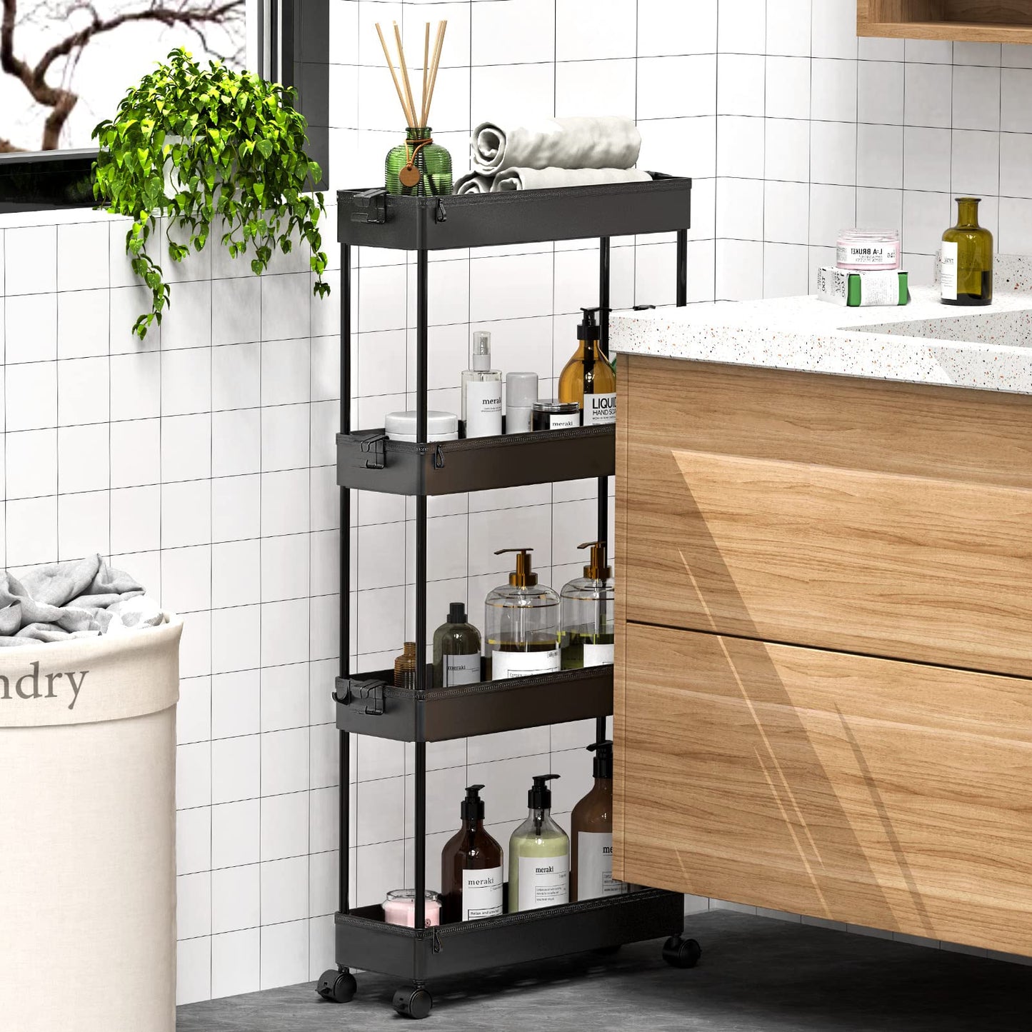 SPACEKEEPER Slim Rolling Storage Cart 4 Tier Bathroom Organizer Cart Mobile Shelving Unit Slide Out Utility Cart for Kitchen, Bthroom, Makeup, Craft, Laundry Narrow Places, Black