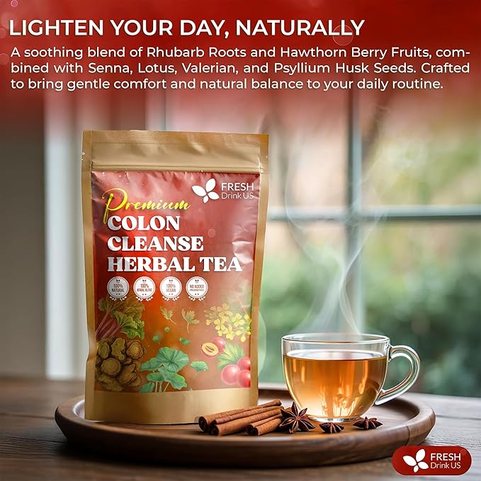 FreshDrinkUS, Premium Colon Cleanse Tea – 60 Tea Bags – Rhubarb Root & Hawthorn Berry with Senna, Lotus Leaf, Valerian Root & Psyllium Husk – Herbal Blend, Caffeine-Free. Vegan