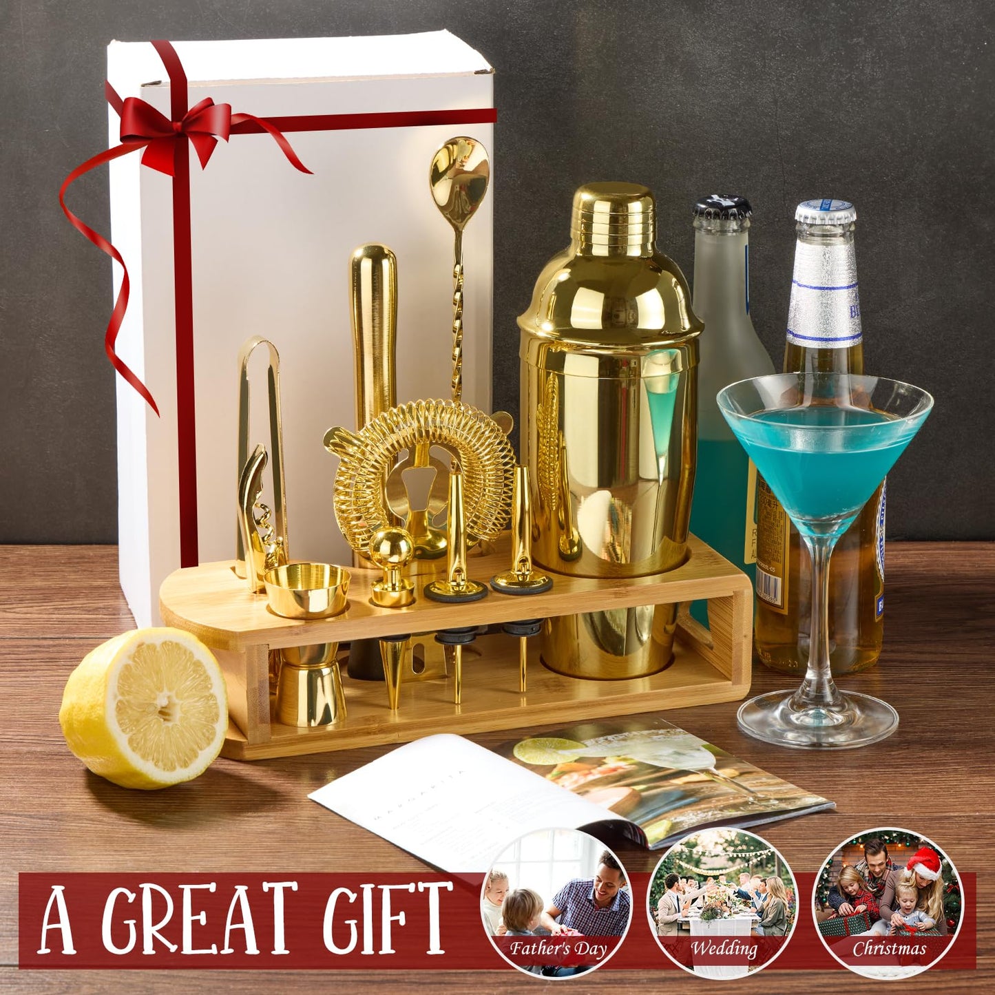 Cocktail Shaker Set Bartender Kit : 12-Piece Bar Tool Set with Bamboo Stand | Bars Set with All Practical Bar Accessories, for Drink Mixing, Bar, Home, Lounge & Party (Gold)