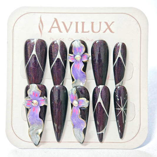 Avilux Press On Nails – Handmade, Reusable, 3D Designer Nail Art, 10Pcs Fake Nails for Women and Girls, Perfect for Holidays, Parties & Gifts (Mystic Orchid Glitter, Small)
