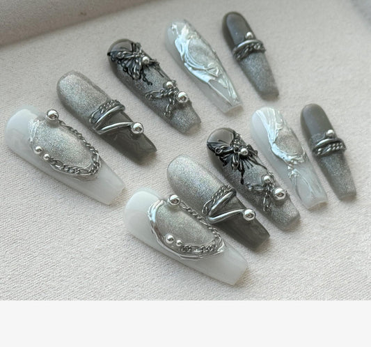 JIEADJIE Press On Nails (100% Handmade),Mid-Length Version,Handmade Painted Nail Art by Nail Technician,Luxury (Black Butterfly, Medium)