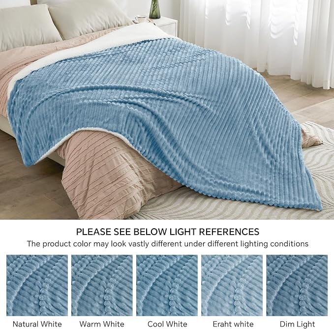 INFIIXSO Sherpa Fleece King Size Blanket - Super Soft & Warm Striped Fleece, Cozy Plush Fluffy Large Bed Blanket All Season Use (Light Blue, 104x90 Inches)