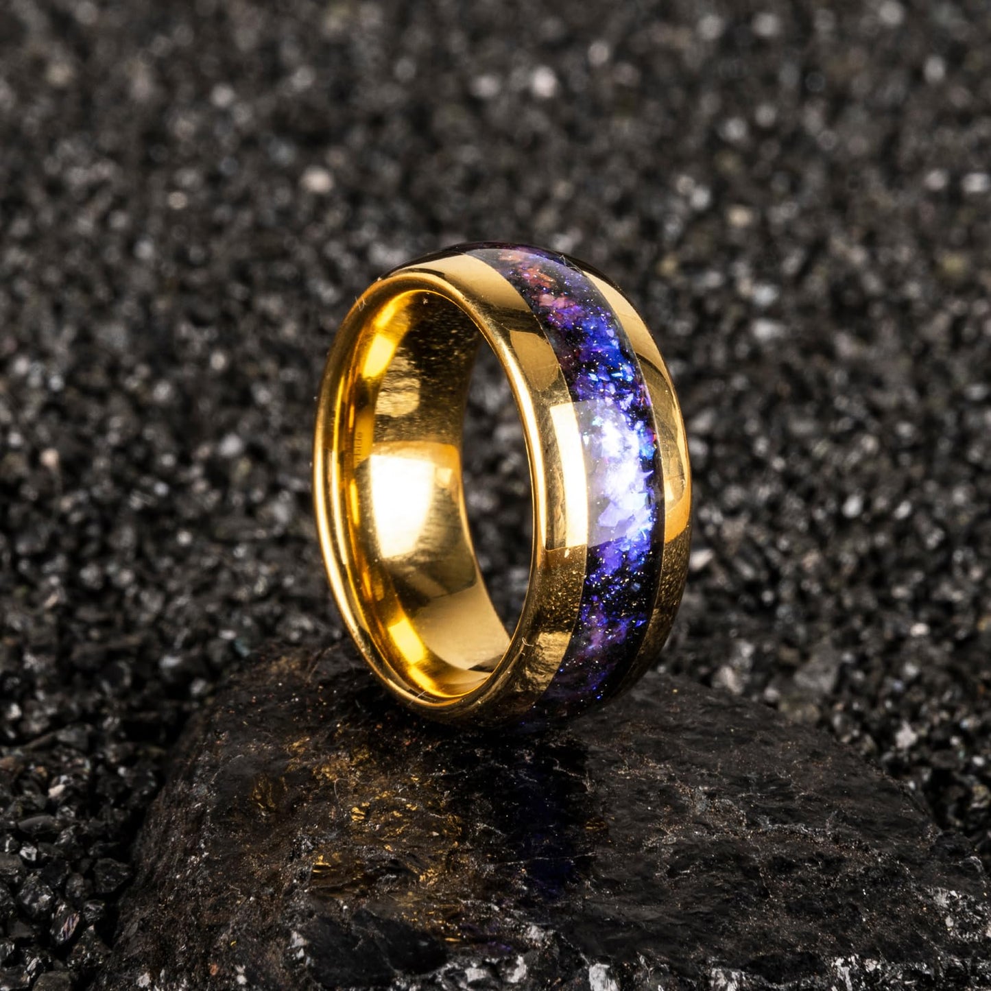 JEWPER 8mm Men Womens Wedding Band Tungsten Rings Gold Fashion Promise Carbide Inlaid Galaxy Sandstone Matte Finish Edge Comfort Fit Size(6)
