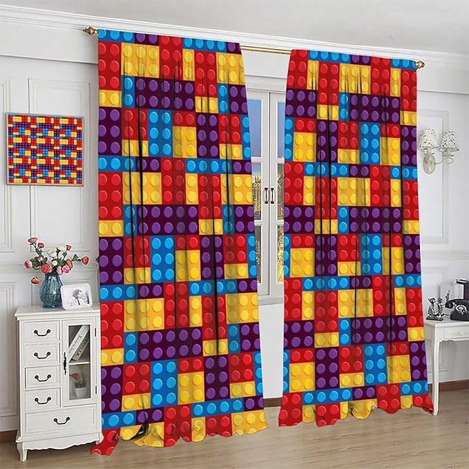 Building Block Colored Curtains, Children's Themed Curtains Collection Building Block Patchwork Cartoon Print Curtains, Light Trim 2 Panel Set Rod Pockets 42x45in