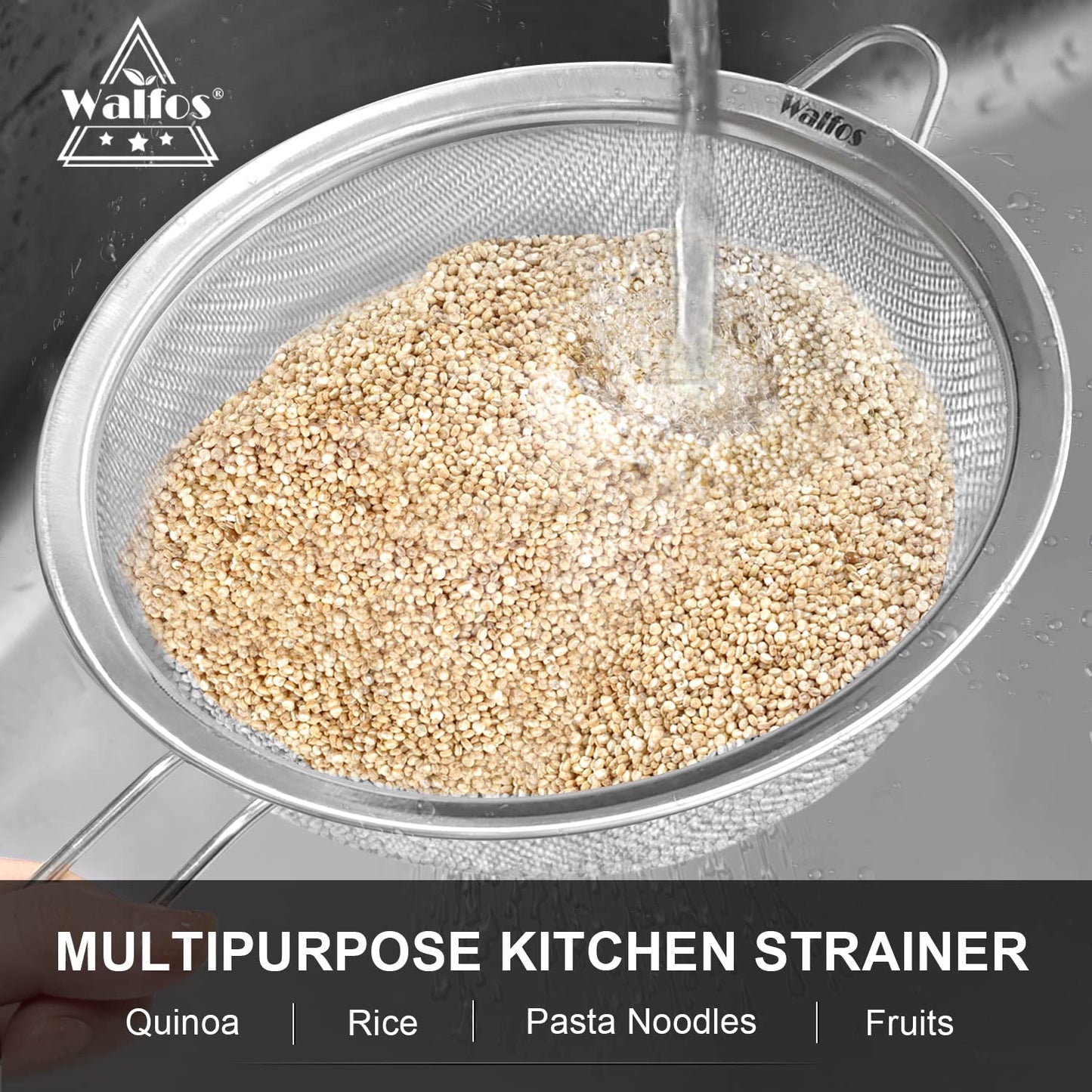 Walfos Fine Mesh Strainers Set, Premium Stainless Steel Colanders and Sifters, with Reinforced Frame Sturdy Handle, Perfect for Sift, Strain, Drain Rinse Vegetables, Pastas Tea - 3 Sizes