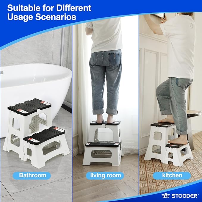 Folding 2-Step Stool - Upgraded Stable A-Frame, Safety Lock, Anti-Slip Rubber Feet, 300lb Capacity, No Assembly - 8" 17" Step Stools for Kitchen, Bathroom, Bed, RV, Home, Office (Panda)