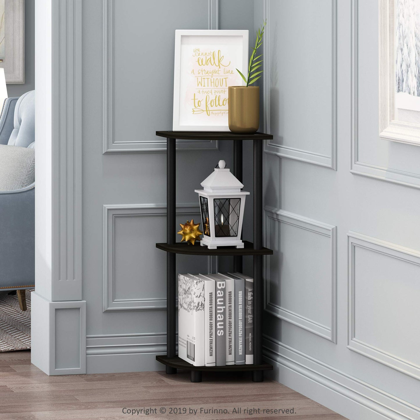 Furinno TURN-N-TUBE Corner Shelf, 3-Tier Corner Bookshelf, Display Storage Shelves with Open Shelves, for Organization and Storage, Living Room, Home Office, Garage, Espresso